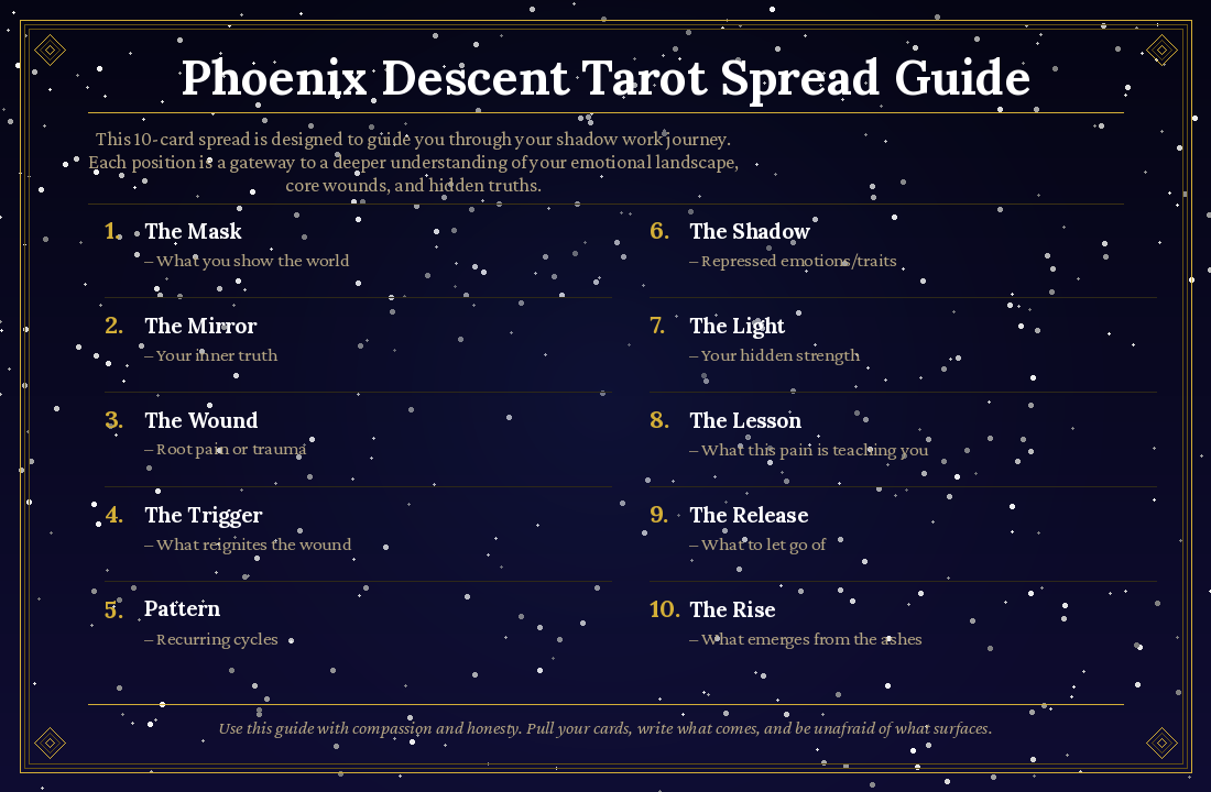 Phoenix Descent 10-card tarot spread guide with card meanings and positions