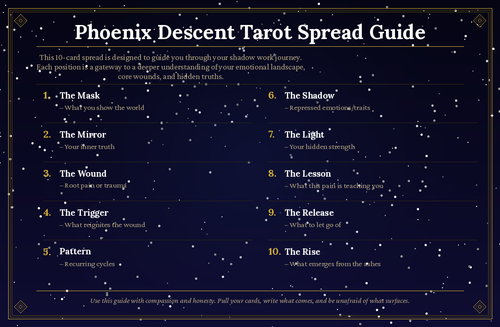 Phoenix Descent 10-card tarot spread guide with card meanings and positions